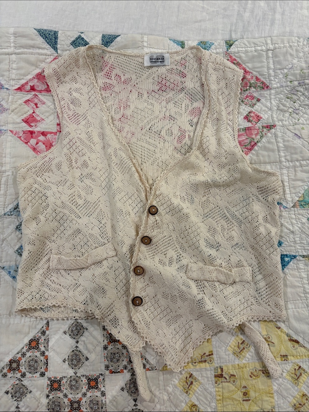 Vintage Cream Lace Knit Button Front Vest